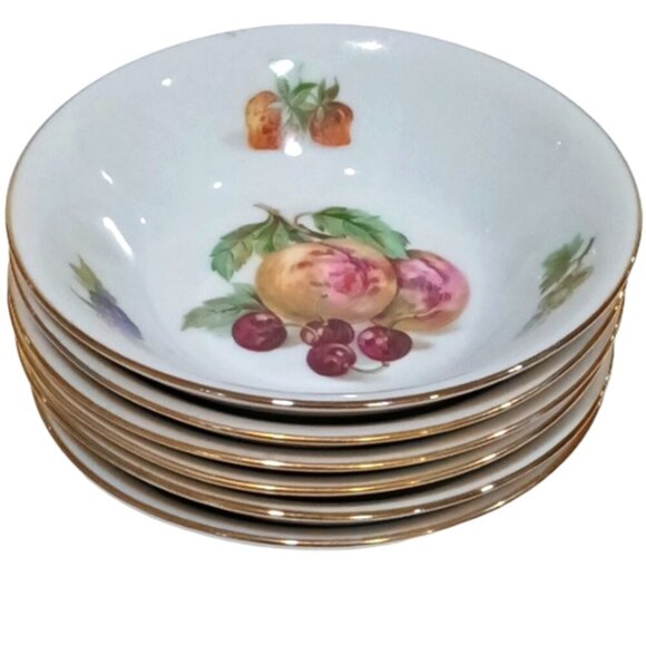 Vintage Kahla GDR Nappy Bowls Set of 6 Fruit Clusters in Centre w/Gold Edging - Picture 1 of 11